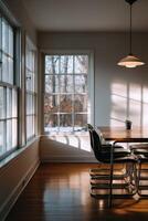 Bright dining area featuring minimalist design and natural light photo