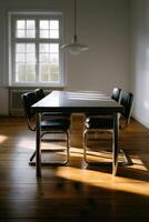 Modern Bauhaus dining area with clean lines and natural light photo