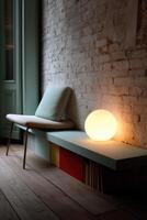 Modern Bauhaus interior with a unique lamp and minimalist seating photo