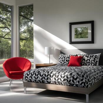 moderno dormitorio diseño con negrita patrones y natural ligero foto