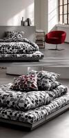 Modern Bauhaus bedroom design featuring patterned bedding and chair photo