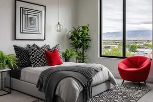 Bauhaus-inspired bedroom with modern decor and scenic views photo
