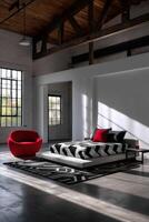 Modern bedroom in Bauhaus style with minimalistic design features photo