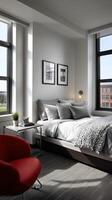 Modern Bauhaus bedroom featuring minimalist design and natural light photo