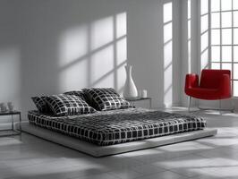 Modern bedroom design featuring black and white bedding in minimalist space photo