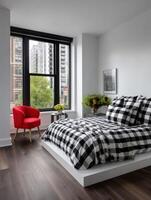 Modern Bauhaus bedroom design featuring checkered bedding and city views photo