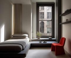 Minimalist bedroom design inspired by Bauhaus in urban setting photo