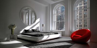 Modern Bauhaus bedroom with unique furniture and natural light photo