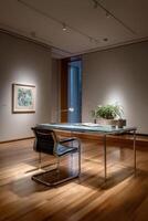 Modern workspace showcases Bauhaus design principles in tranquil setting photo