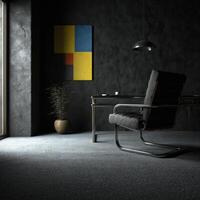 Exploring Bauhaus design in a minimalist workspace with bold art photo