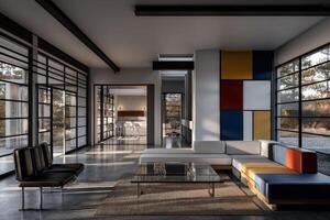 Modern interior design inspired by Bauhaus principles in warm light photo