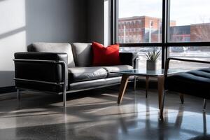 Modern Bauhaus style seating area with bold accents in daylight photo