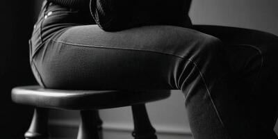 Focused view of jeans worn while seated on a stool in a minimalist space photo