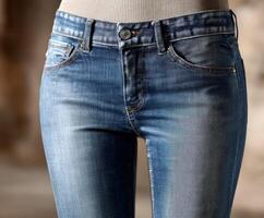 Stylish blue jeans displayed in a cozy indoor setting during daytime photo