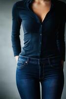 Stylish outfit featuring fitted jeans and a button-up shirt photo