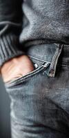 Hands tucked into jeans pocket in a casual setting photo