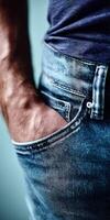 Casual close-up of jeans pocket with hand resting in fabric photo