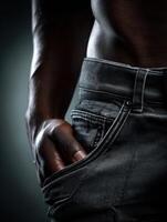 A man's chest with his hands in his pocket photo