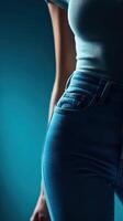 Stylish close-up of jeans worn by a model against a blue background photo