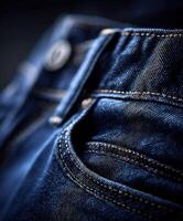 Close-up view of denim jeans highlighting detailed stitching and texture photo