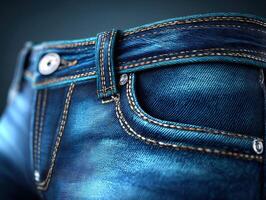 Close-up view of stylish blue jeans with detailed stitching and texture photo