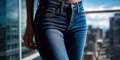 Jeans worn by a model in a modern urban setting during daytime photo