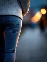 Person in fitted jeans and sweater walking on city street photo