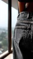 Exploring the style of denim in a bright urban environment photo