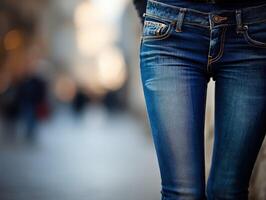 Fashionable casual outfit featuring fitted jeans in urban setting photo