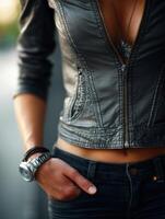 Stylish outfit featuring black jeans and a zippered jacket on a casual day photo