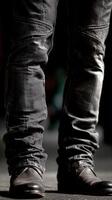 Jeans and stylish boots captured on a runway during a fashion event photo