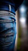 Detailed view of denim jeans worn casually outdoors in urban setting photo