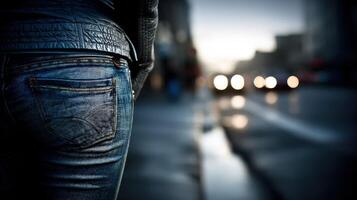 Stylish jeans worn by individual on urban street during evening photo
