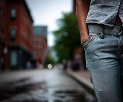 Stylish casual wear in a city street during a rainy day photo