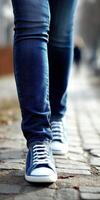 Walking in denim jeans along a cobblestone path in a city photo