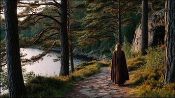 Viking woman walking along a forest path by the water's edge photo