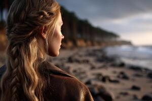 Viking woman reflecting on a rocky beach during a cloudy sunset photo