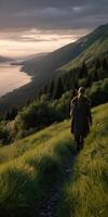 Viking woman walking along a hillside overlooking a serene fjord photo