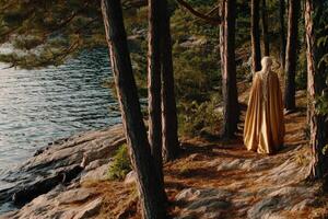 Viking woman walking along a riverside path in a serene forest setting photo