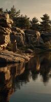 Viking woman standing by a serene lake surrounded by rocks and trees photo