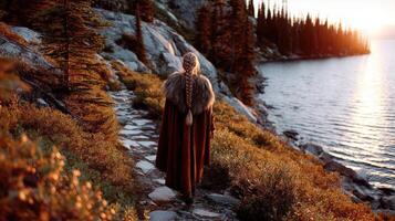 Viking woman walking along lakeside path during sunset in wilderness photo