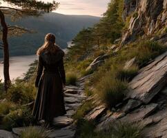 Viking woman walking along a forested path near the river at sunset photo