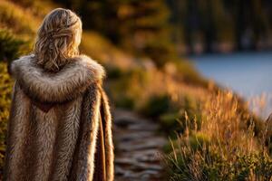 Viking woman walks along a lakeside path during golden hour photo