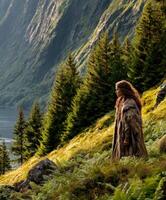 Viking woman standing amidst lush greenery in the mountains of Norway photo