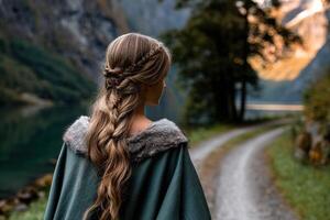 Viking woman walking along tranquil path by a serene fjord landscape photo