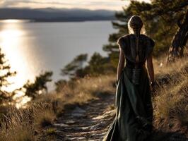 A woman in a long dress standing on a trail overlooking the ocean photo