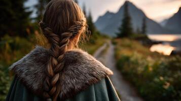 Viking woman in traditional attire walking through a scenic path photo