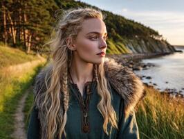 Viking woman standing by the coast during sunset near rugged cliffs photo