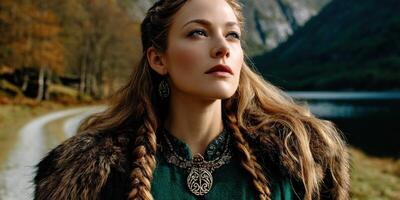 Viking woman in historical attire stands by a serene lake in autumn photo