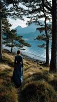 Viking woman walking along a serene coastal path in nature photo